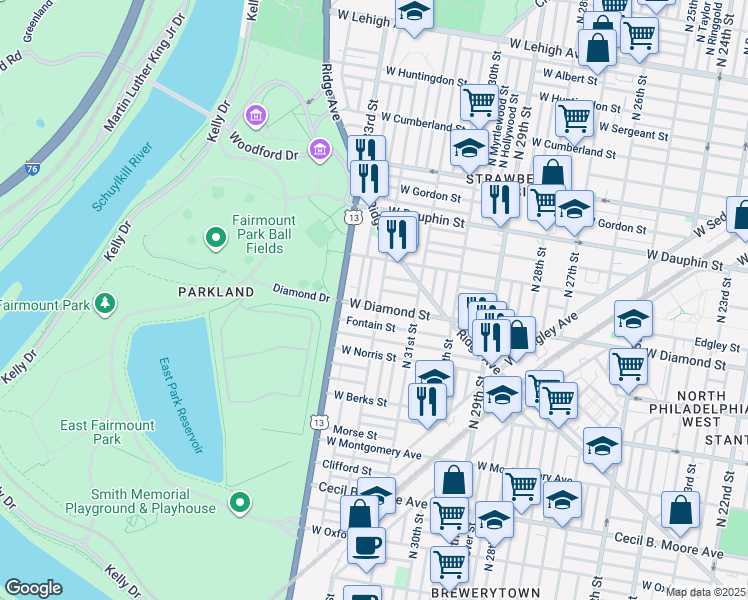 map of restaurants, bars, coffee shops, grocery stores, and more near in Philadelphia