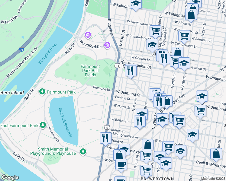 map of restaurants, bars, coffee shops, grocery stores, and more near in Philadelphia