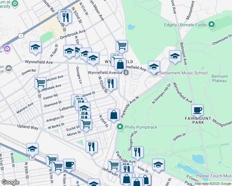 map of restaurants, bars, coffee shops, grocery stores, and more near 1952 Bryn Mawr Avenue in Philadelphia