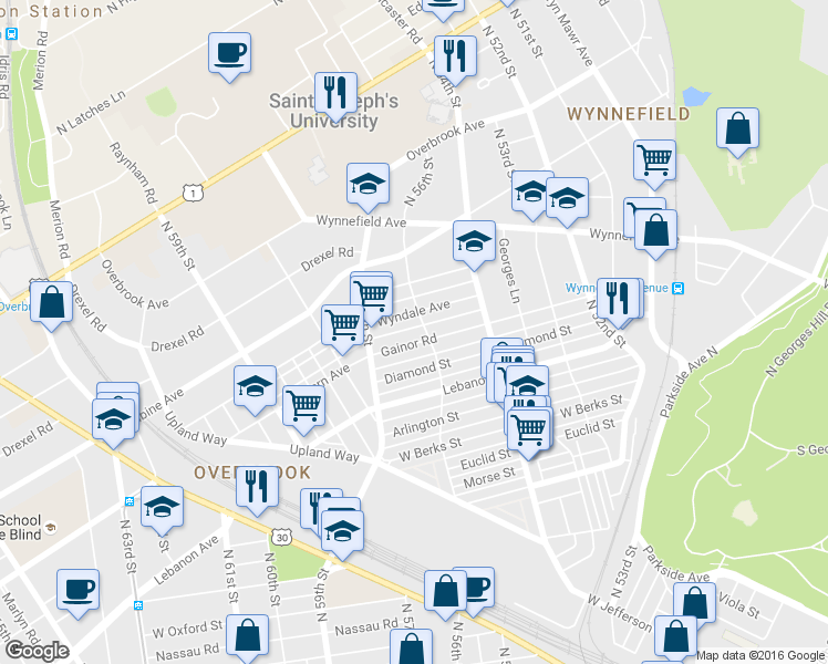 map of restaurants, bars, coffee shops, grocery stores, and more near 5605 Gainor Road in Philadelphia