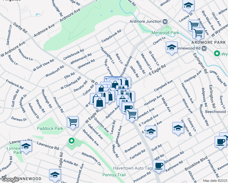 map of restaurants, bars, coffee shops, grocery stores, and more near in Havertown