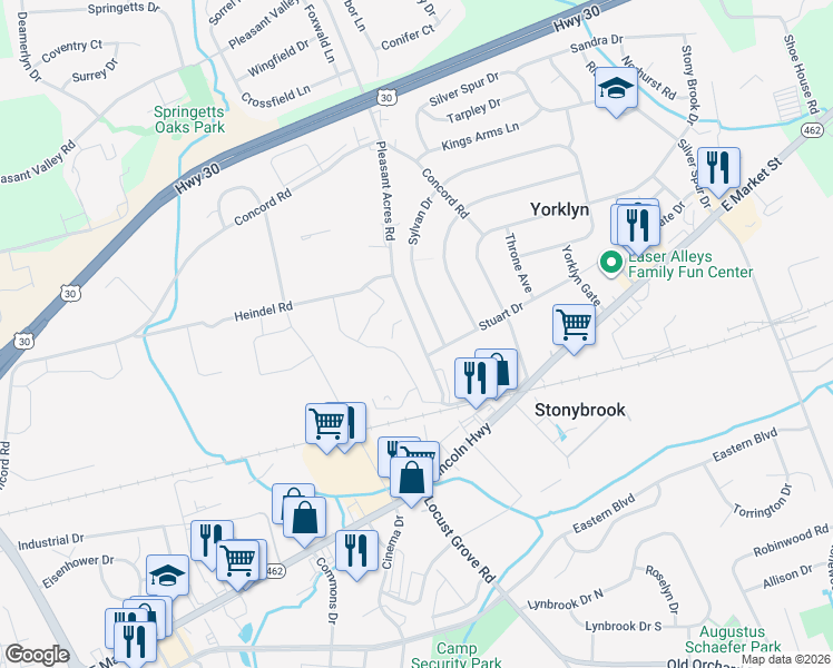 map of restaurants, bars, coffee shops, grocery stores, and more near 118 Pleasant Acres Road in York