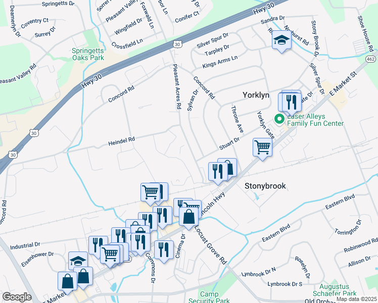 map of restaurants, bars, coffee shops, grocery stores, and more near 118 Pleasant Acres Road in York