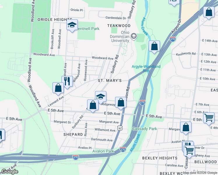 map of restaurants, bars, coffee shops, grocery stores, and more near 984 Sunbury Road in Columbus