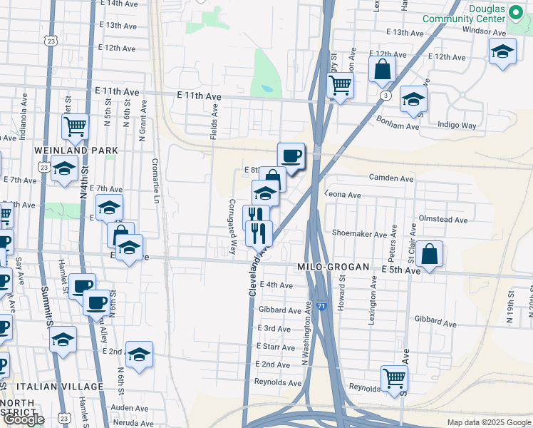 map of restaurants, bars, coffee shops, grocery stores, and more near 1183 Essex Avenue in Columbus