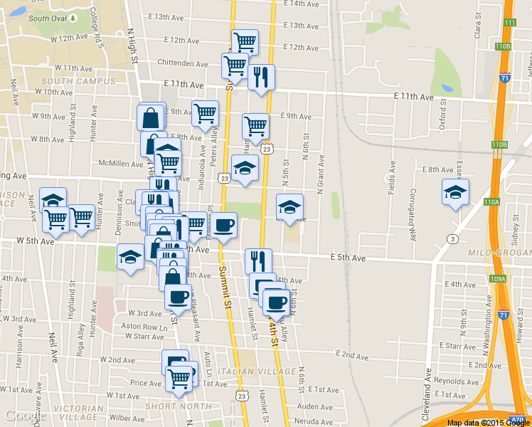 map of restaurants, bars, coffee shops, grocery stores, and more near in Columbus