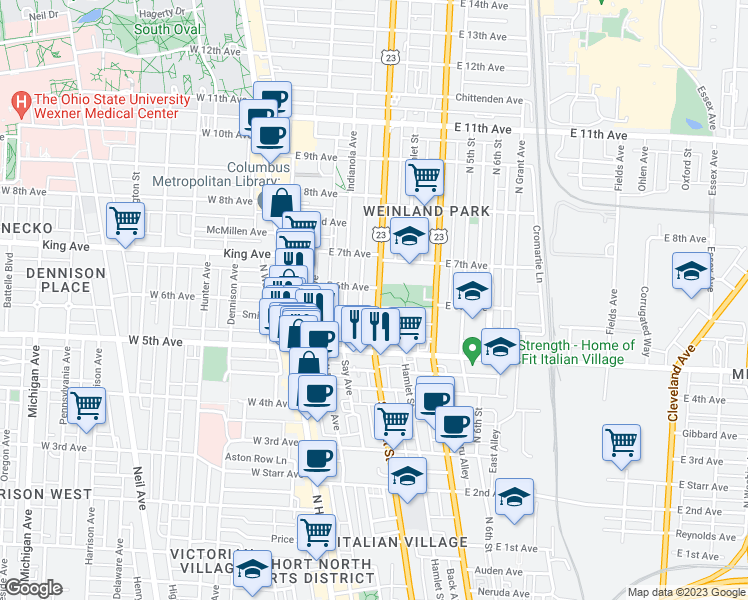 map of restaurants, bars, coffee shops, grocery stores, and more near 1271 Summit Street in Columbus