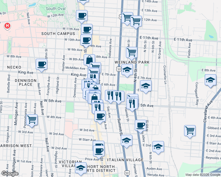map of restaurants, bars, coffee shops, grocery stores, and more near 1271 Summit Street in Columbus