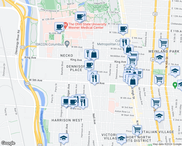 map of restaurants, bars, coffee shops, grocery stores, and more near 1322 Neil Avenue in Columbus
