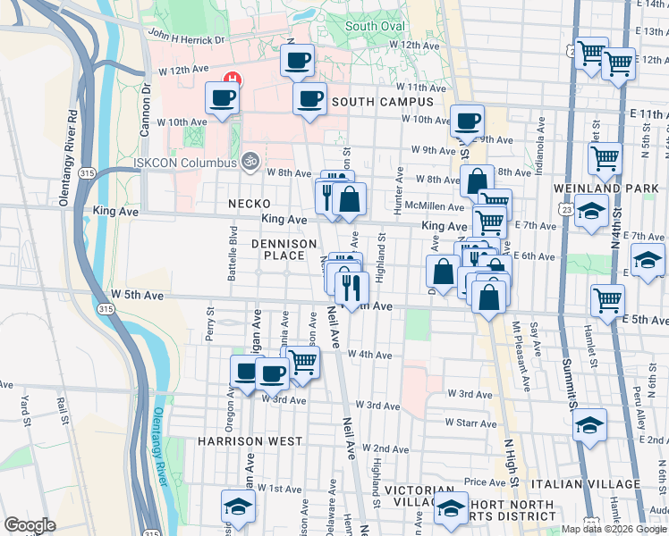 map of restaurants, bars, coffee shops, grocery stores, and more near 1322 Neil Avenue in Columbus