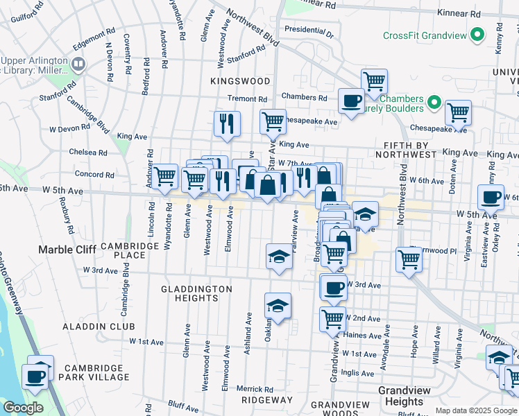 map of restaurants, bars, coffee shops, grocery stores, and more near 1529 North Star Avenue in Columbus