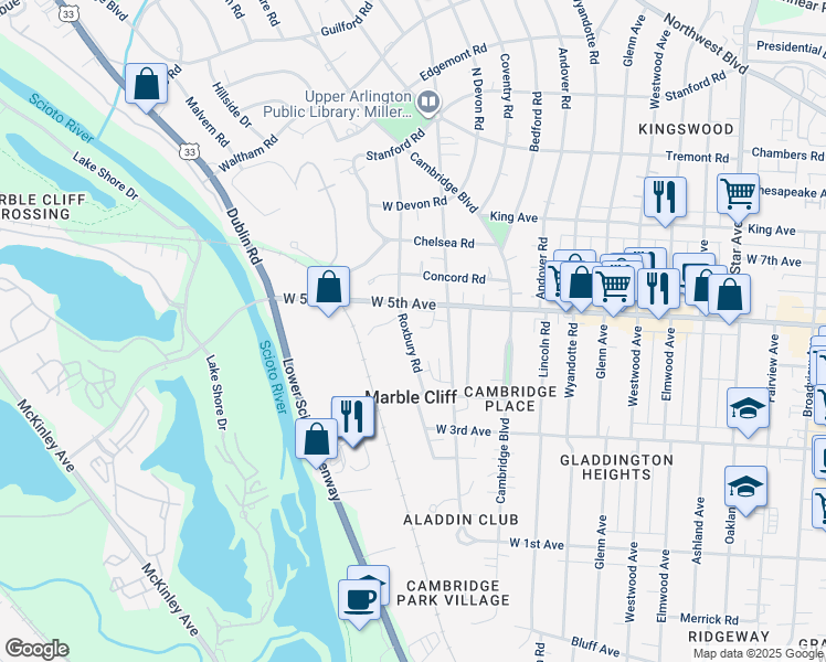 map of restaurants, bars, coffee shops, grocery stores, and more near 1593 Arlington Avenue in Marble Cliff