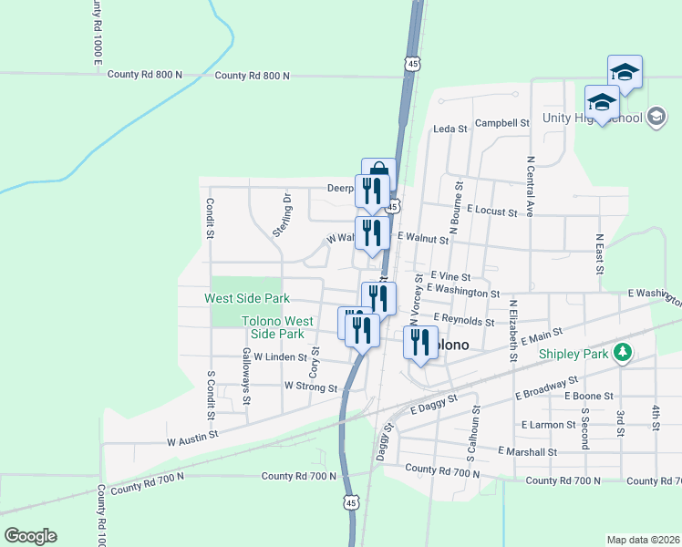 map of restaurants, bars, coffee shops, grocery stores, and more near 306 Cory Street in Tolono