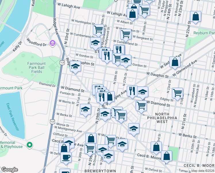 map of restaurants, bars, coffee shops, grocery stores, and more near in Philadelphia