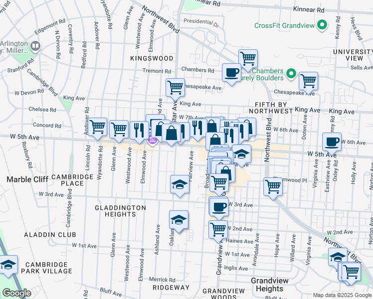 map of restaurants, bars, coffee shops, grocery stores, and more near 1555 West 5th Avenue in Columbus