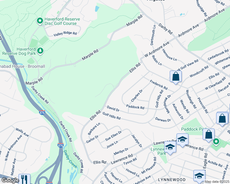 map of restaurants, bars, coffee shops, grocery stores, and more near 345 Ellis Road in Havertown
