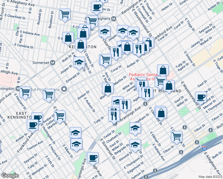 map of restaurants, bars, coffee shops, grocery stores, and more near 2159 East Stella Street in Philadelphia