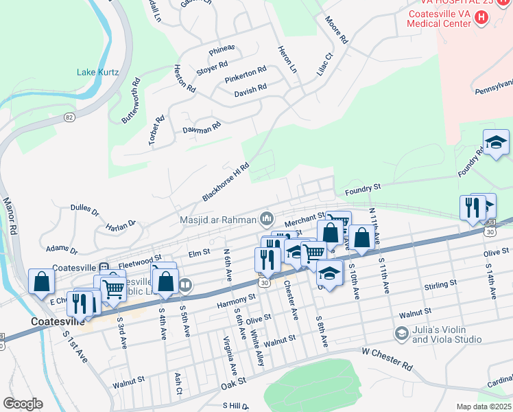 map of restaurants, bars, coffee shops, grocery stores, and more near 711 Coates Street in Coatesville