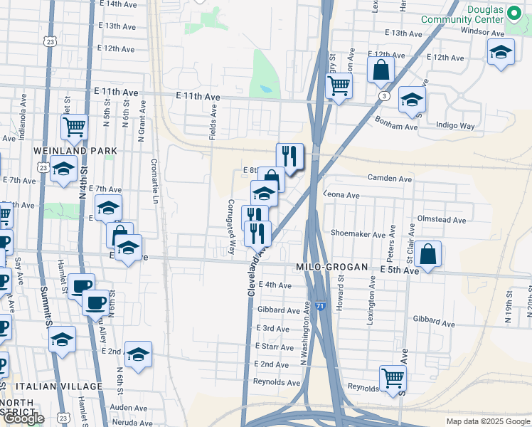 map of restaurants, bars, coffee shops, grocery stores, and more near 1183 Essex Avenue in Columbus
