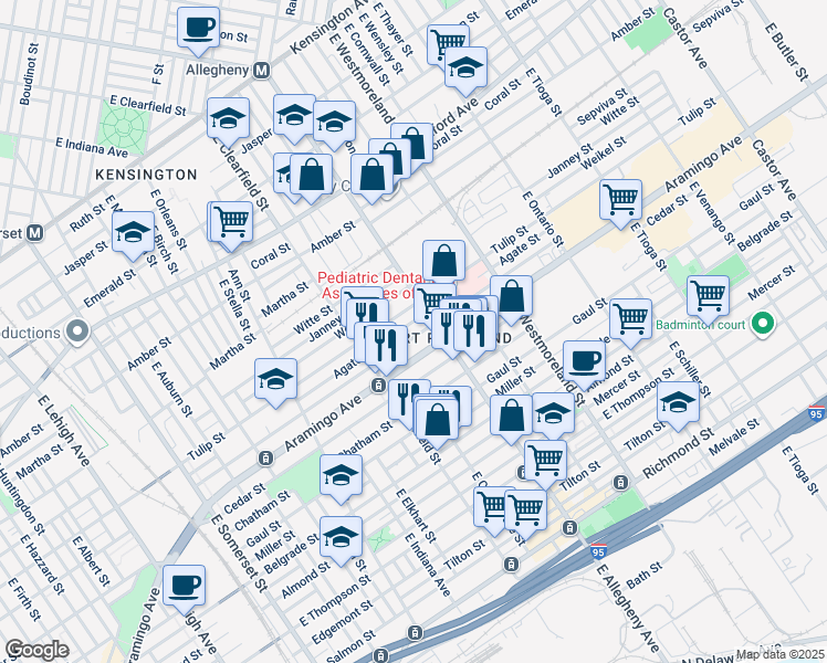 map of restaurants, bars, coffee shops, grocery stores, and more near 3174 Memphis Street in Philadelphia
