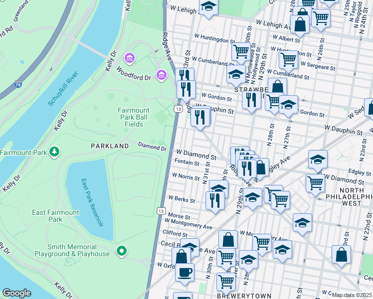 map of restaurants, bars, coffee shops, grocery stores, and more near 3211 West Diamond street in Philadelphia