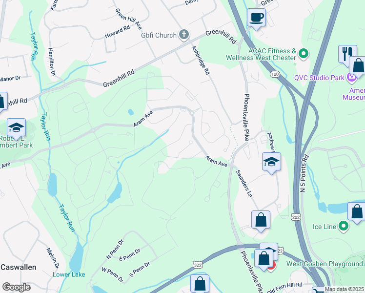 map of restaurants, bars, coffee shops, grocery stores, and more near 1911 Fitzgerald Lane in West Chester