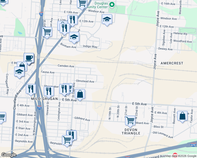 map of restaurants, bars, coffee shops, grocery stores, and more near 1110 Olmstead Avenue in Columbus