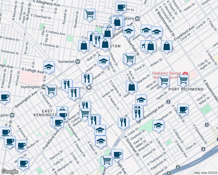map of restaurants, bars, coffee shops, grocery stores, and more near 2100 East Cambria Street in Philadelphia
