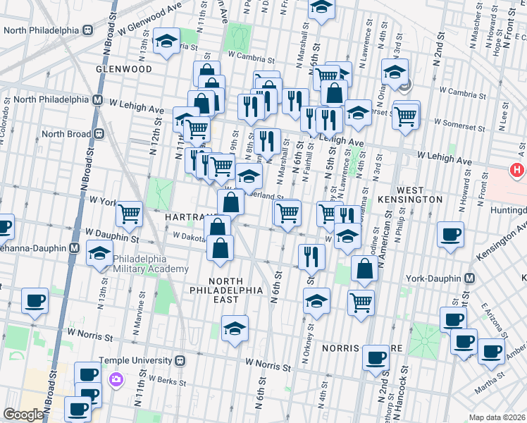 map of restaurants, bars, coffee shops, grocery stores, and more near 2422 North Marshall Street in Philadelphia
