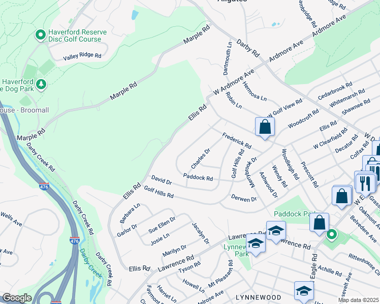 map of restaurants, bars, coffee shops, grocery stores, and more near 636 Paddock Road in Havertown