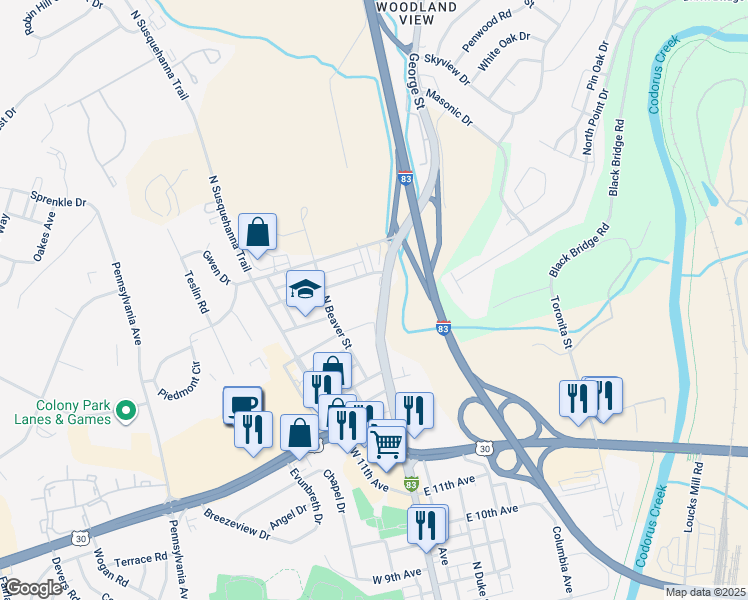 map of restaurants, bars, coffee shops, grocery stores, and more near 1926 North George Street in York