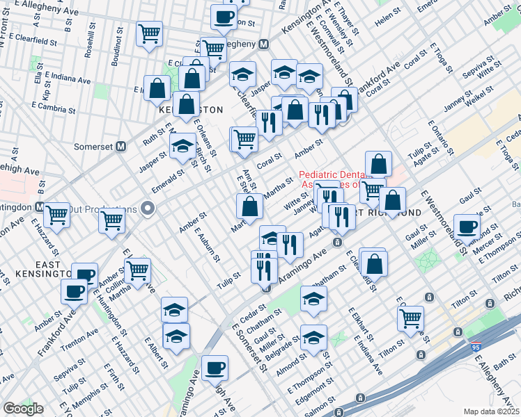 map of restaurants, bars, coffee shops, grocery stores, and more near 2159 East Stella Street in Philadelphia