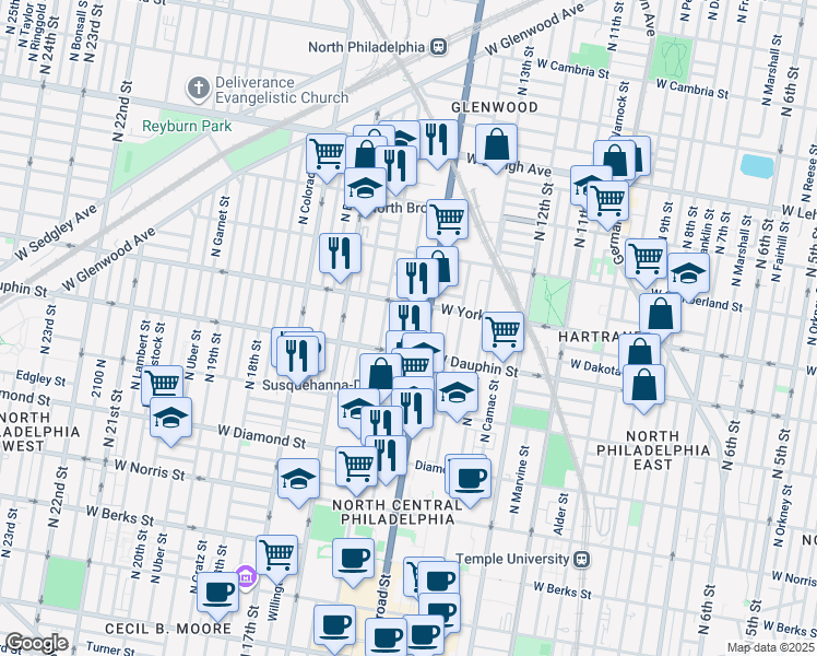 map of restaurants, bars, coffee shops, grocery stores, and more near 2329 North Carlisle Street in Philadelphia