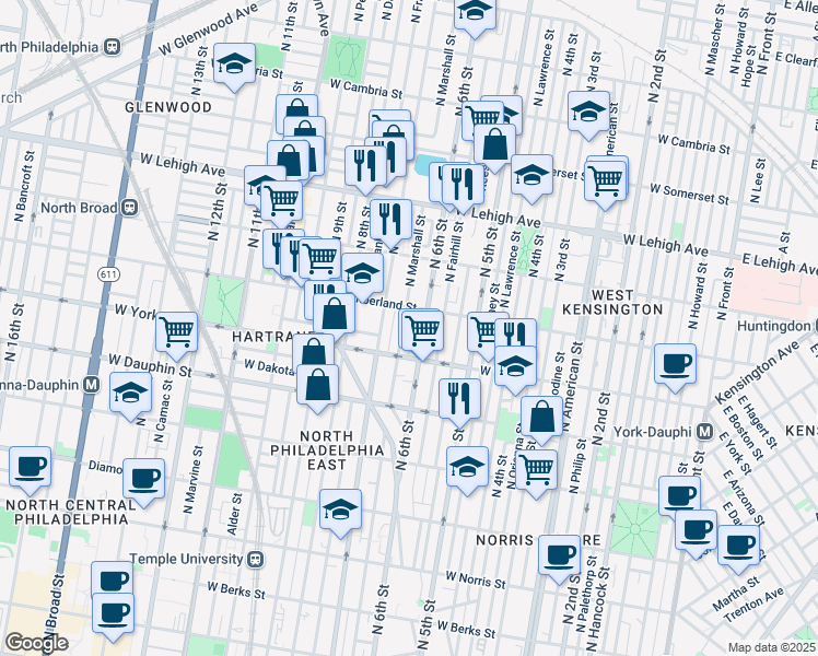 map of restaurants, bars, coffee shops, grocery stores, and more near 2435 North Marshall Street in Philadelphia