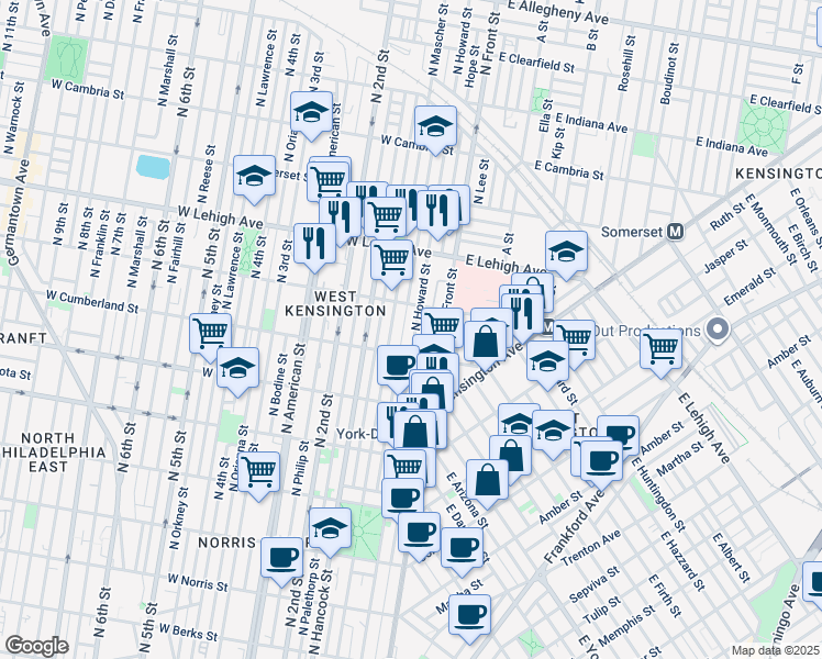 map of restaurants, bars, coffee shops, grocery stores, and more near 2530 North Howard Street in Philadelphia