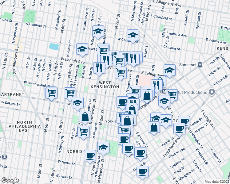 map of restaurants, bars, coffee shops, grocery stores, and more near 2519 North Hancock Street in Philadelphia