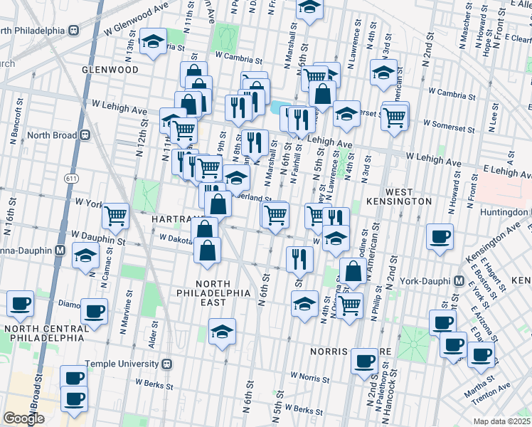map of restaurants, bars, coffee shops, grocery stores, and more near 2435 North Marshall Street in Philadelphia