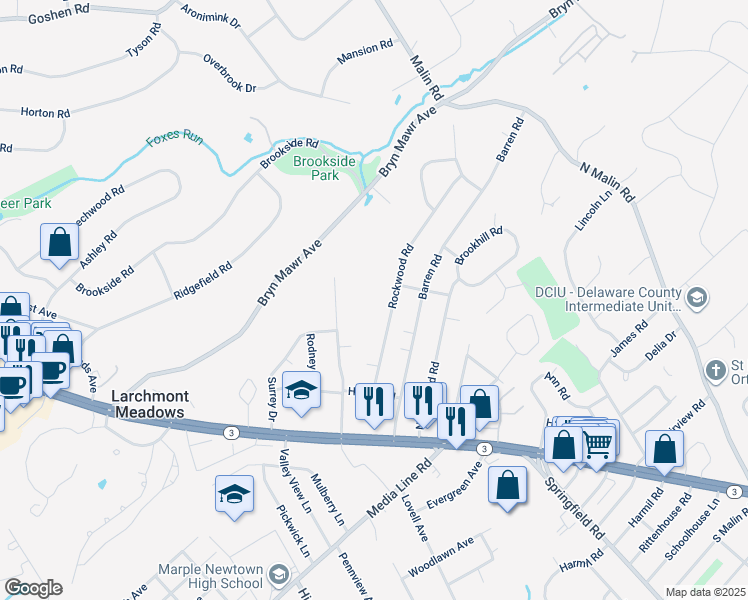 map of restaurants, bars, coffee shops, grocery stores, and more near 44 Rockwood Road in Newtown Square