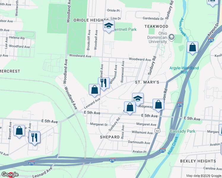 map of restaurants, bars, coffee shops, grocery stores, and more near 2110 Leonard Ave in Columbus