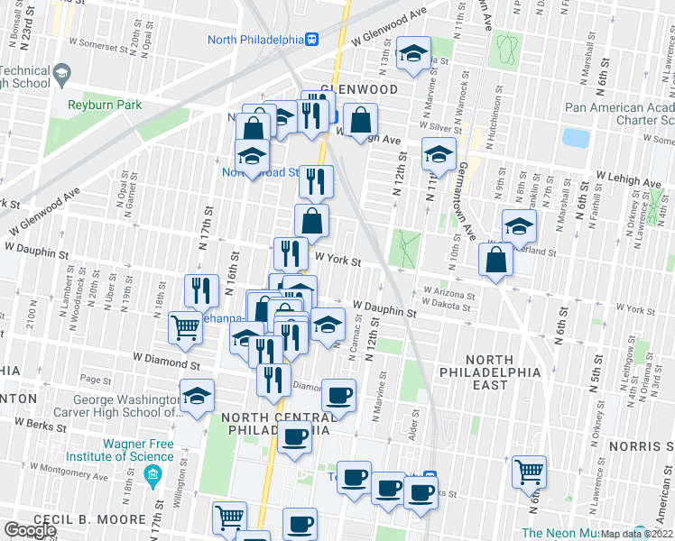 map of restaurants, bars, coffee shops, grocery stores, and more near 2345 North Park Avenue in Philadelphia