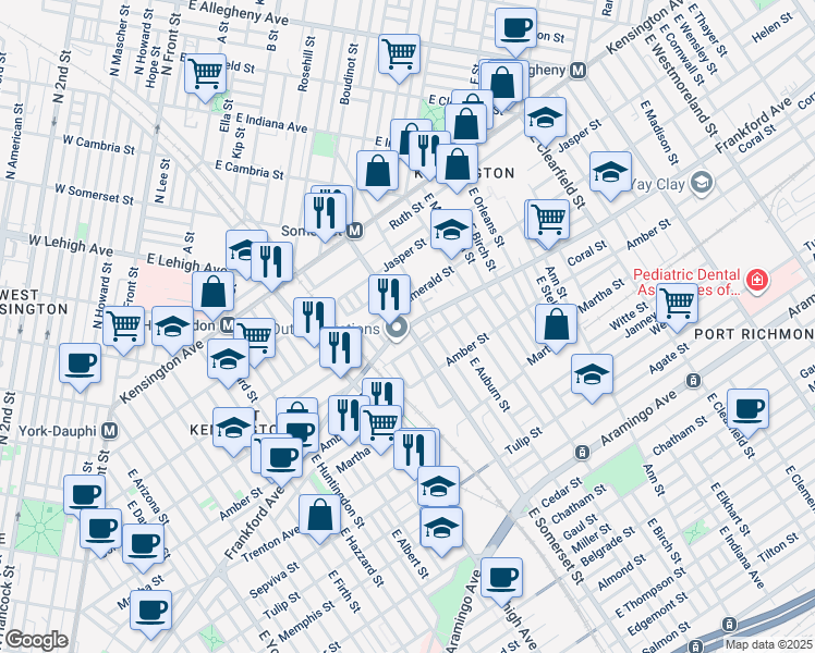 map of restaurants, bars, coffee shops, grocery stores, and more near Frankford Ave & E Somerset St in Philadelphia