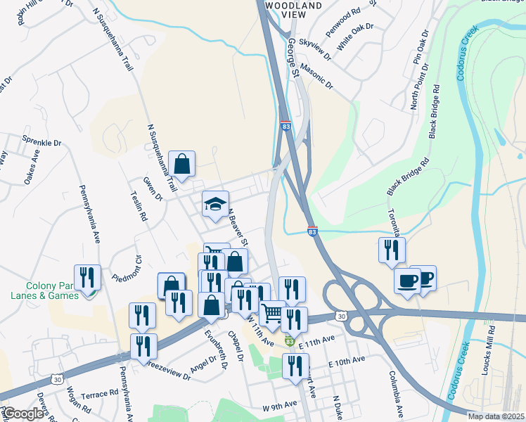 map of restaurants, bars, coffee shops, grocery stores, and more near 1926 North George Street in York