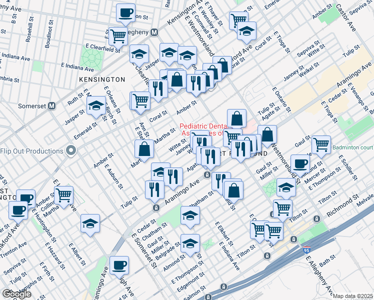 map of restaurants, bars, coffee shops, grocery stores, and more near 3083 Janney Street in Philadelphia