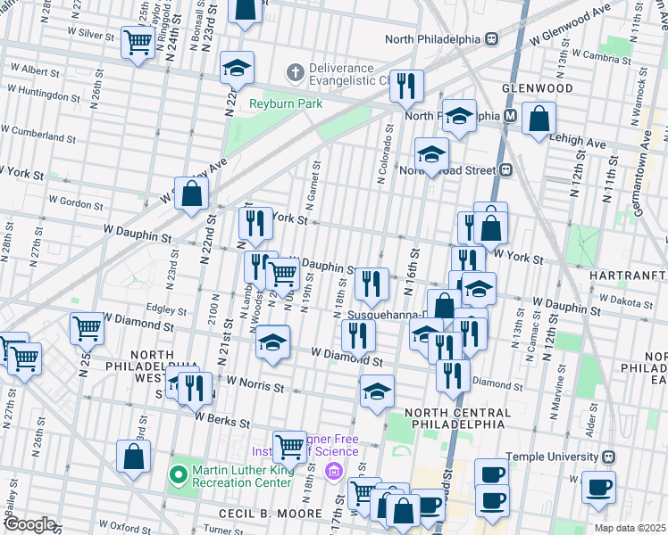 map of restaurants, bars, coffee shops, grocery stores, and more near North Cleveland Street in Philadelphia