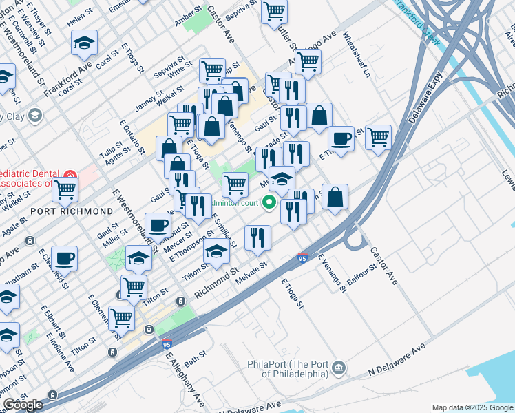 map of restaurants, bars, coffee shops, grocery stores, and more near 3543 East Thompson Street in Philadelphia