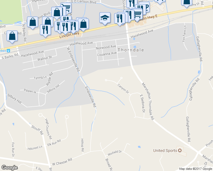 map of restaurants, bars, coffee shops, grocery stores, and more near 1542 Canyon Drive in Downingtown