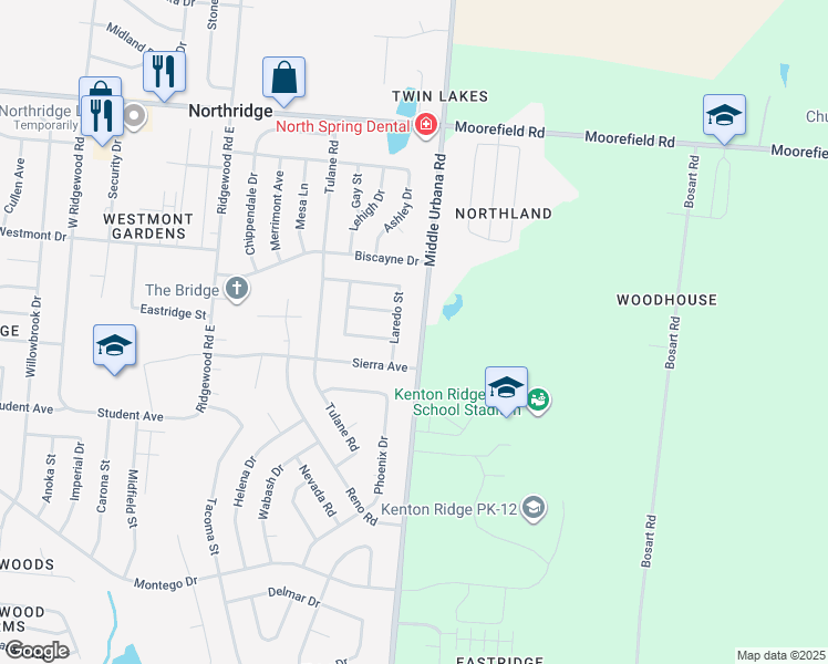 map of restaurants, bars, coffee shops, grocery stores, and more near 4538 Laredo Street in Springfield