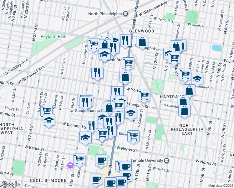 map of restaurants, bars, coffee shops, grocery stores, and more near 2331 North Carlisle Street in Philadelphia