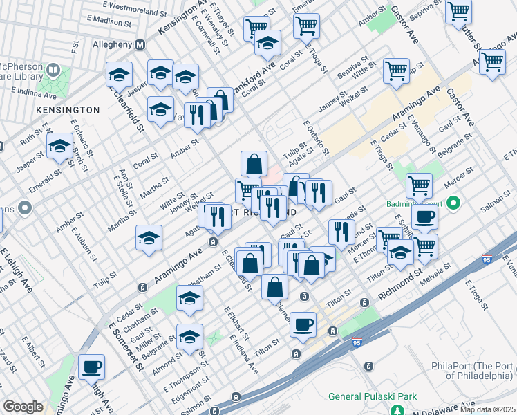 map of restaurants, bars, coffee shops, grocery stores, and more near 2345 East Allegheny Avenue in Philadelphia