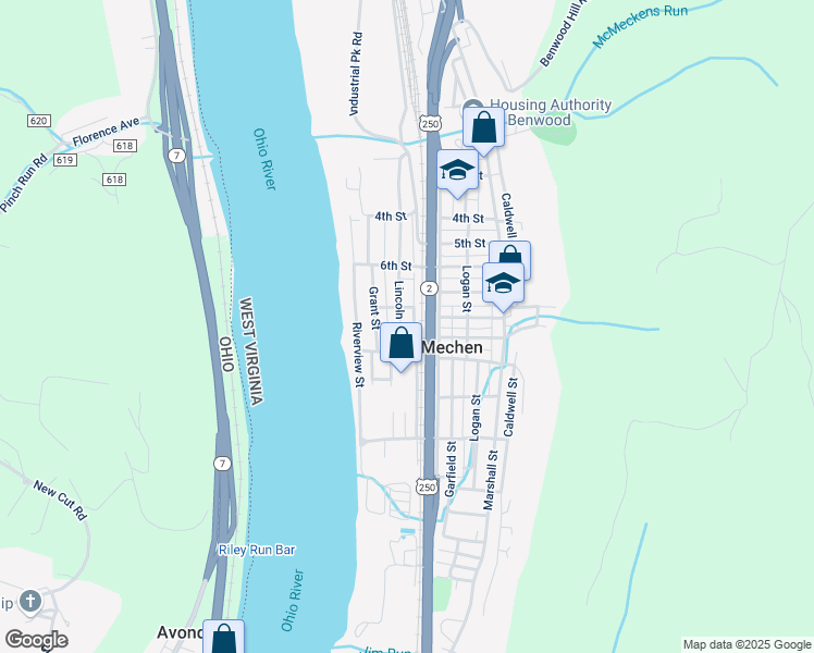 map of restaurants, bars, coffee shops, grocery stores, and more near 722-724 Lincoln Street in McMechen